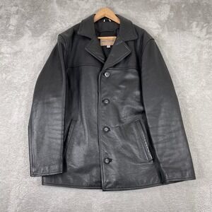 Vintage Guess Leather Jacket Mens Small Black Pebbled Leather Car Coat Button